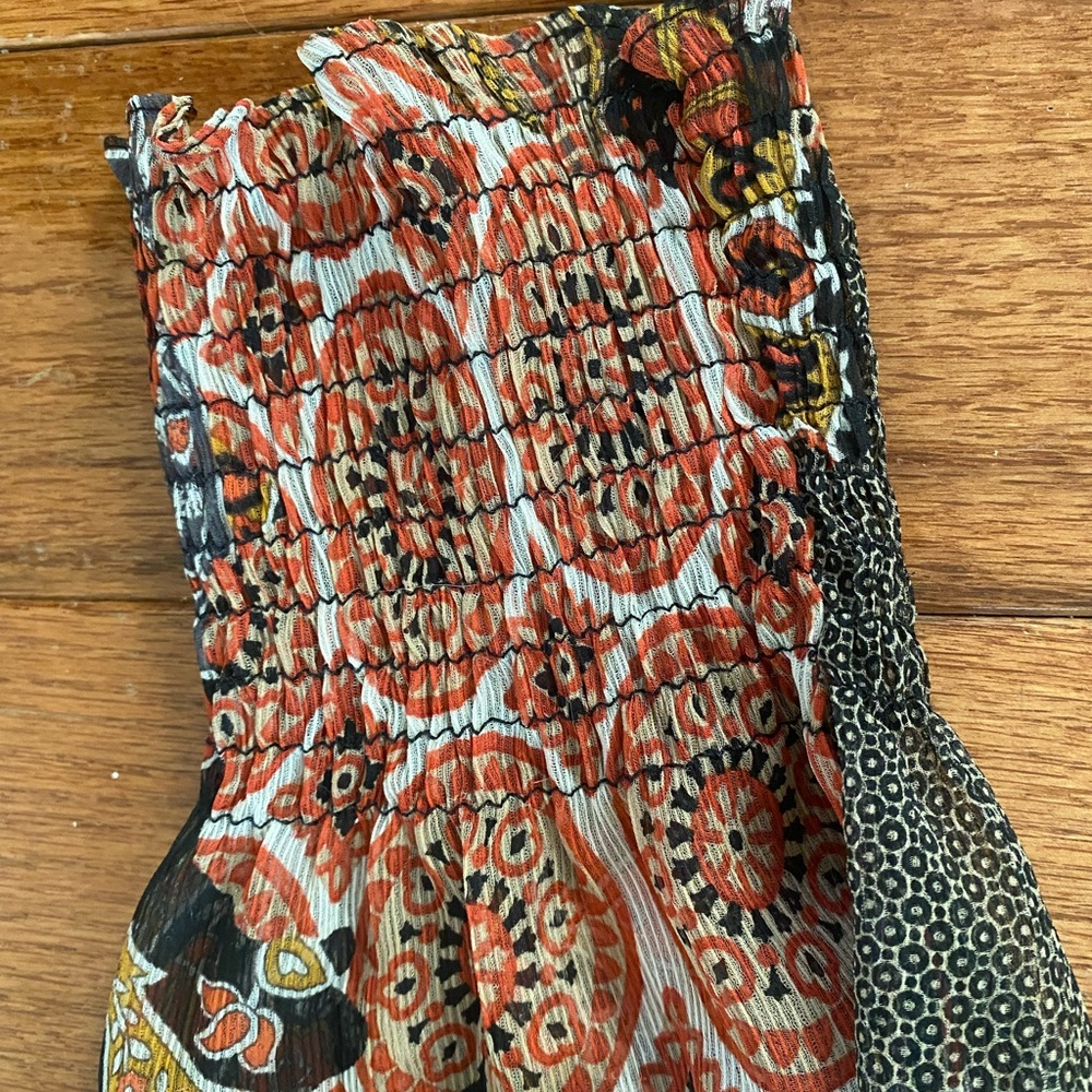 Zara Boho Patchwork Midi Dress Sheer Long Sleeve Smocked Waist Paisley M - Picture 5 of 11